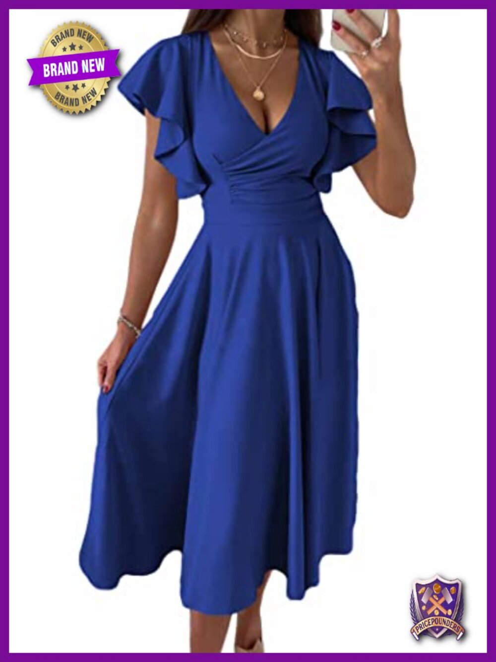 Wrap V Neck Midi Dress with Ruffle Cap Sleeves - Flowy Pleated A Line - High